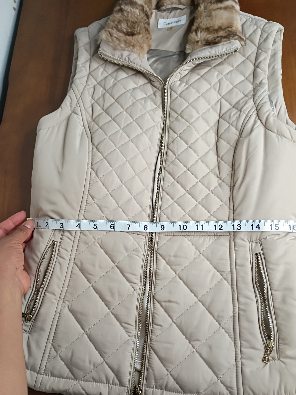 Calvin Klein Quilted Faux-Fur Collar Puffer Vest - Beige - Picture 2 of 12